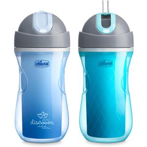 Chicco Double Wall Insulated Flip-Top Sippy Cup with Silicone Straw and Spill-Free Lid 9oz.| Top-Rack Dishwasher Safe | Easy to Hold with Ergonomic Indents | Blue Discover/Teal, 2pk | 12+ Month