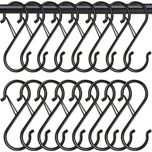 16 Pack Heavy Duty S Hooks with Safety Buckle - S Shaped Hooks for Hanging Plants, Clothes, Kitchen Utensils, Bags (Black)