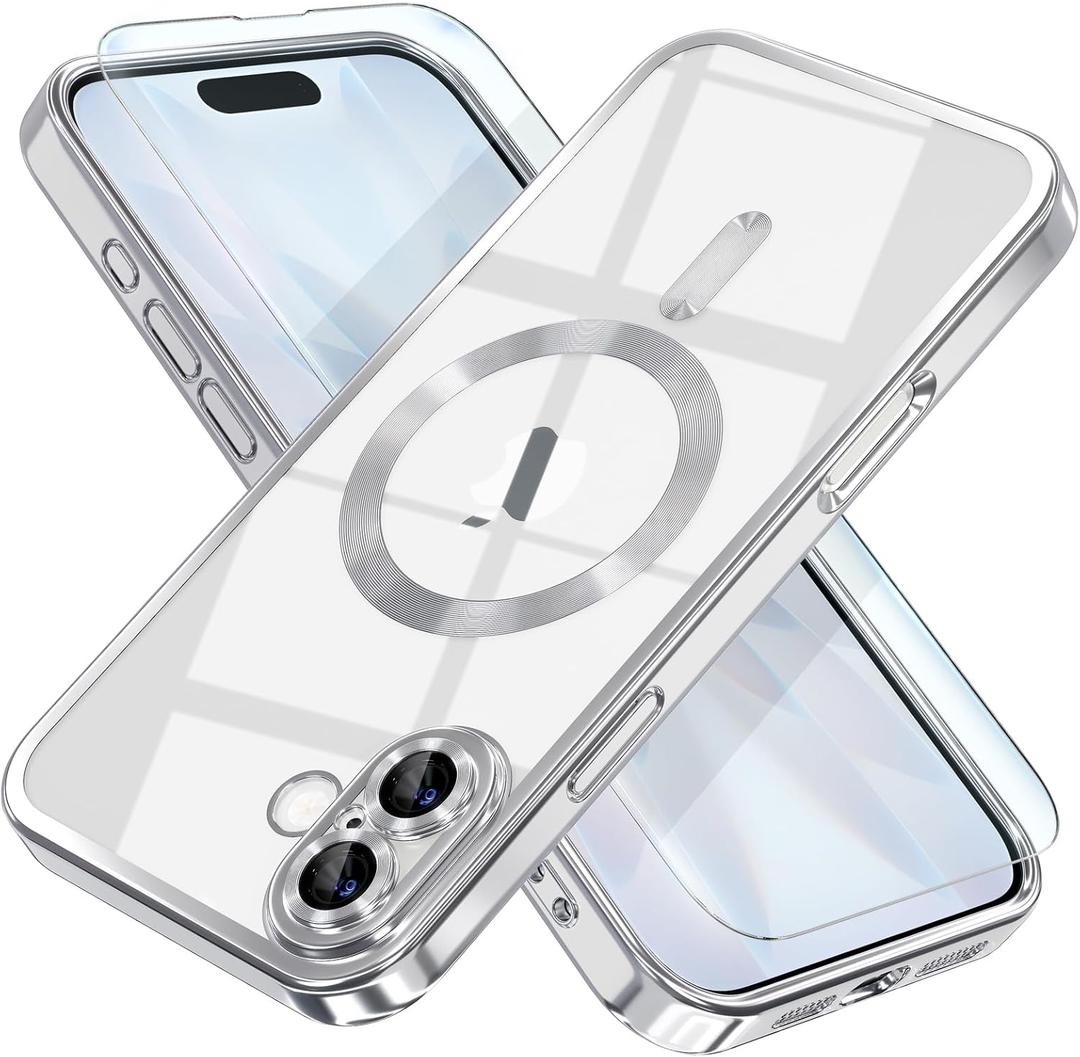Misea Magnetic for iPhone 17 Case Compatible with MagSafe [Never Yellowing] [Military Grade Drop Protection] Full Camera Lens Protector Plating Soft Clear Phone Case for Women, Silver