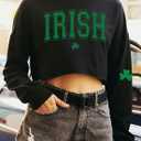 St Patrick's Day Crop Tops for Women Irish Shamrock Graphic Shirt Funny Lucky Clover Long Sleeve T-Shirt Tops (Black, L)
