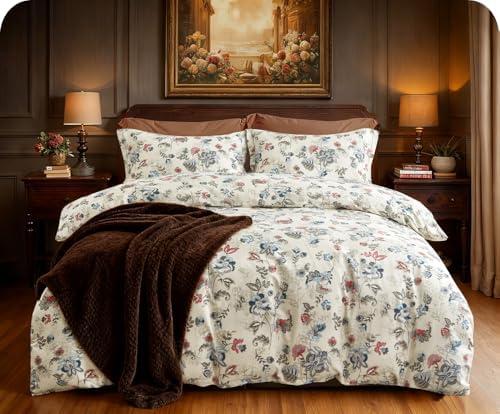 SLEEPBELLA Queen Size Comforter Set Teal & Red Botanical Pattern Printed on White 100% Cotton Fabric, Ultra Soft Microfiber Inner Fill 3Pcs Bedding Set