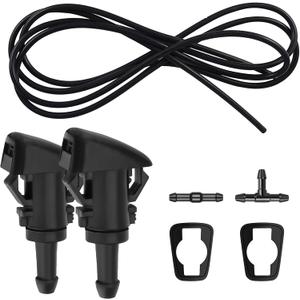 Windshield Washer Nozzles Kit, Washer Jet and 2 Meter Fluid Hose with Connector, Windshield Washer Hose Kit Compatible with Chrysler, Dodge, Jeep, Replaces OEM #: 4805742AB, 5113049AA (Black)