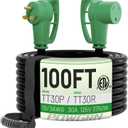POWGRN 30 Amp RV Extension Cord 100 FT Outdoor with Grip Handle, Flexible Heavy Duty 10/3 Gauge STW 3 Prong RV Power Cord Waterproof, NEMA TT-30P to TT-30R, Black-Green, ETL Listed.
