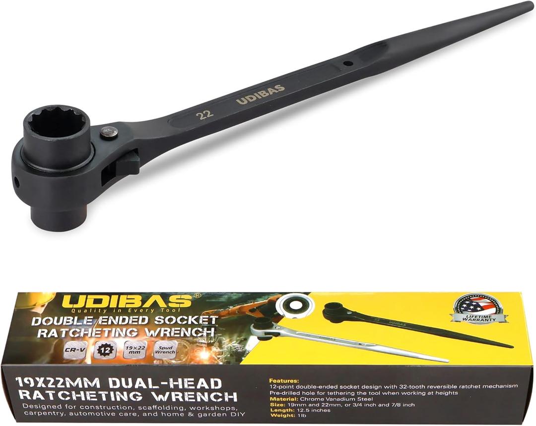 Reversible Ratcheting Wrench,19mm22mm (or 3/4" x 7/8") Professional Grade 12 Point Double Ended Socket Ratcheting Podger Scaffold Spud Wrench,Black
