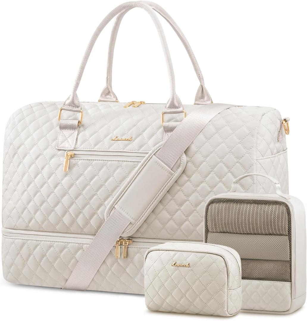 LOVEVOOK Travel Duffle Bag for Women, Weekender Overnight Bag with Shoe Compartment, Carry on Bag with Toiletry Bag, Gym Duffel Bag with Wet Pocket, Hospital Bags for Labor and Delivery 3 Pcs Set (Large, Beige)