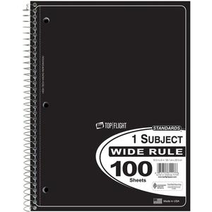 Top Flight Standards 1-Subject Wirebound Notebook, 100 Sheets, 3-Hole Punched, Wide Rule, 10.5 x 8 Inches, 1 Notebook, Color May Vary (31117)
