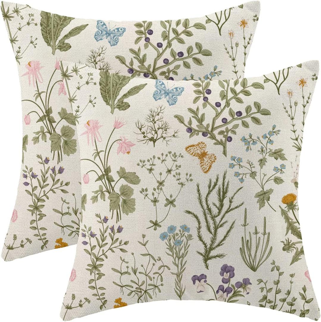 AEIOAE Spring Pillow Covers 18x18 Inch Set of 2,Sage Green Wild Flower Plant Throw Pillows Case,Seasonal Floral Outdoor Decorative Square Linen Farmhouse Decor Cushion Covers for Home Sofa Bed Couch