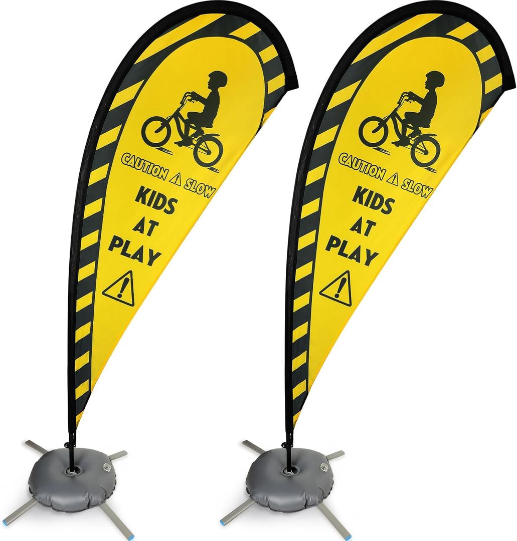Newwiee 2 Pack Kids at Play Flag Banner Flag Safety Sign with Fiberglass Poles and Weighted Base Slow Sign for Streets, Yards and Driveways(Yellow)
