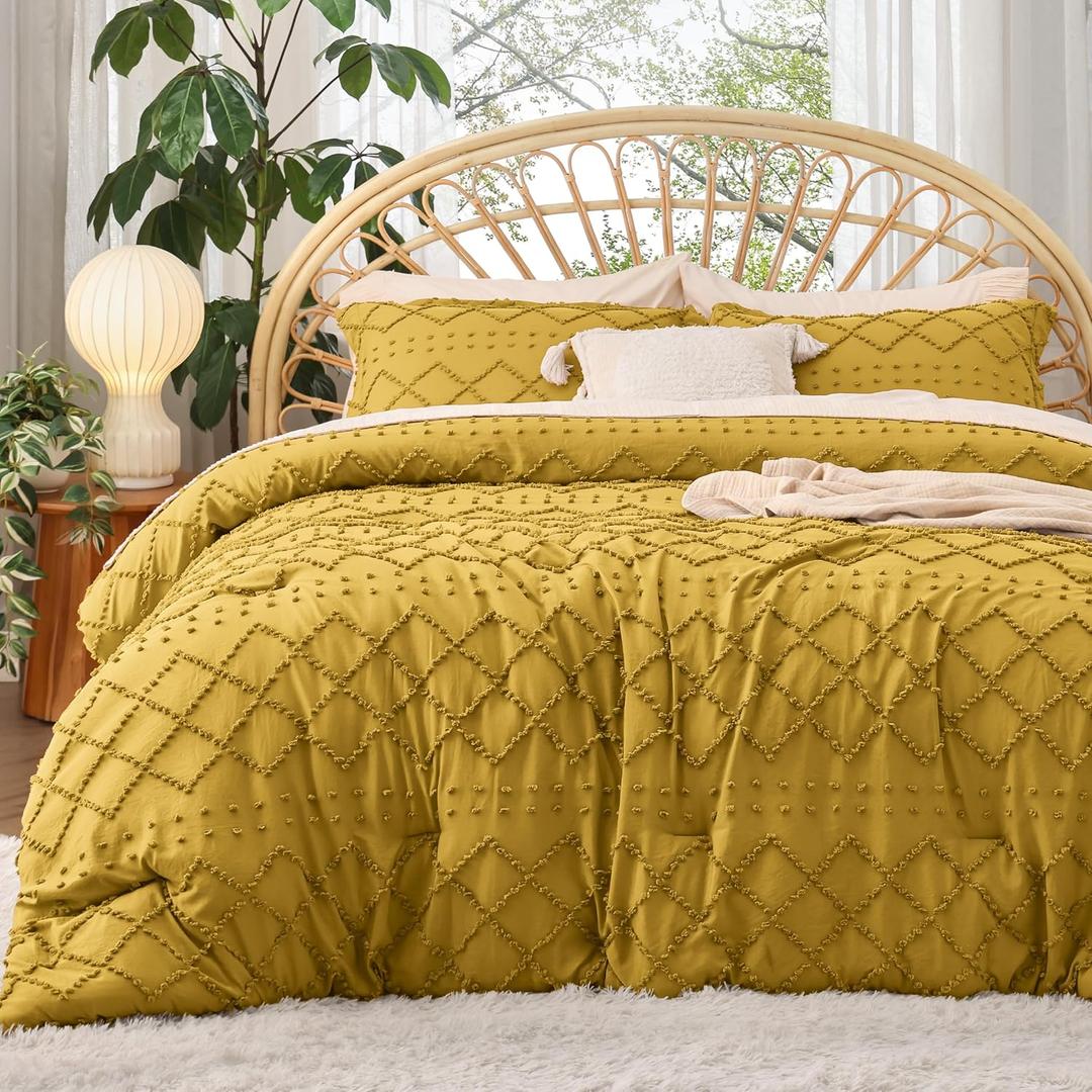 Bedsure King Comforter Set - Mustard Yellow Comforter, Boho Tufted Distressed Vintage Bedding for Kids, 3 Pieces Farmhouse-Style Bed Set for All Seasons, Fluffy Soft Bedding with 2 Pillow Shams