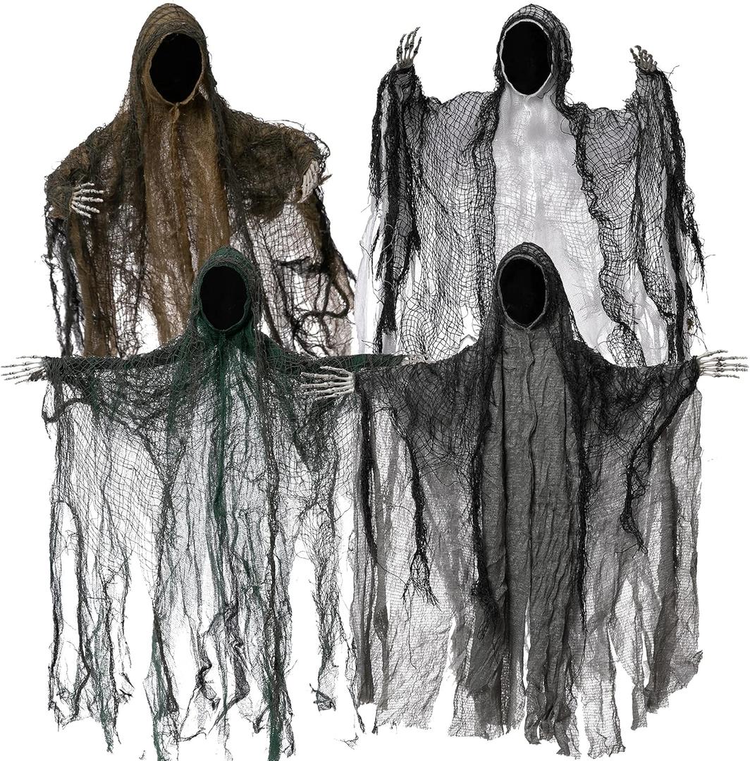 JOYIN 4 Pack 19'' Halloween Hanging Ghost Decoration Outdoor, Faceless Grim Reaper Set with Posable Arms in Dark Horror Robe for Halloween Tree, Yard, Patio, Haunted House, Party Decorations