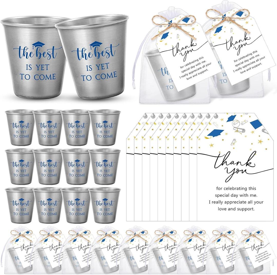 Roshtia 30 set Graduation Party Favors for Guest Class of 2026 Graduation Gifts Bulk Inspirational Stainless Steel Shot Glasses with Thank You Gift Cards Bags Party Decoration(Blue)