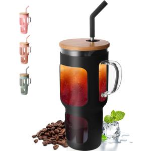 COMOOO 40oz Glass Tumbler with Bamboo Lid and Straw, Glass Water Cup with Handle, Iced Coffee Drinking Cup with Silicone Sleeve, Glass Tumbler Dishwasher Safe, Cup Holder Friendly, Black