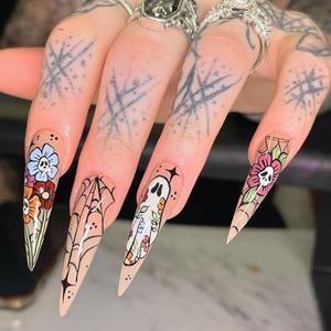 Almond Press on Nails Halloween Long Fake Nails Ghost Flowers Spider Web Halloween Designs False Nails Colorful Long Stiletto Glue on Nails Full Cover Halloween Acrylic Nails for Women and Girls, Set of 5
