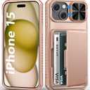 for iPhone 15, iPhone 14, iPhone 13 Wallet Case with Card Holder(4-5 Cards), Slide Camera Cover, Military Drop Protection & RFID Block, Women Girly Men Phone Case for iPhone 15/14/13, Rose Gold