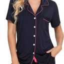 Leikar Womens Button Down Pajama Sets Bride Pajamas Sets Sleepwear Shorts Lounge Set (Blue, XL)