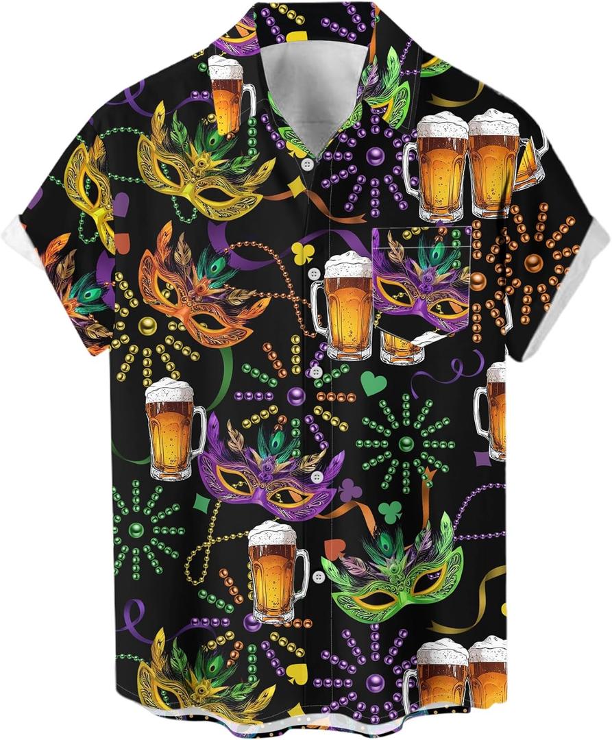 Purple Mardi Gras Shirt for Men Button Down Short Sleeve Hawaiian Shirts (Black, S)