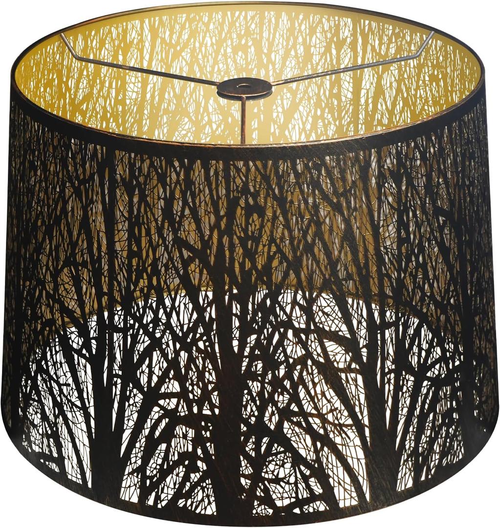 ALUCSET Extra Large Lampshade 14'' Top 16'' Bottom 11'' High Etched Metal Forest Design Metal Lamp Shade For Floor Lamps in Living Room, Bedroom, Decor, Spider Fitter, Antique Bronze and Gold Plated
