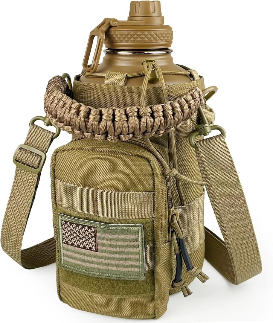 Half Gallon Water Bottle with Sleeve - 64 Oz Insulated Water Jug with Handle - Green Stainless Steel Sports Water Bottle for Gym Workout Hiking Tactical Bottle Holder with Pouch Khaki