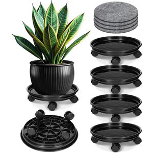 Honeydak 4 Pack 12 Inch Plant Stand with Mute Wheels and 10 Inch Waterproof Coasters Mat Set Heavy Duty Plant Dolly with Casters, Leakproof Drip Trays for Indoor Outdoor Pots, Protect Floor(Black)