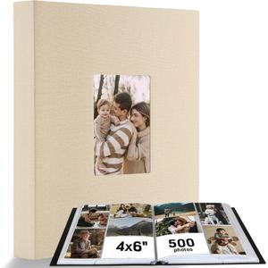 Photo Album 4x6 500 Pockets 1pc, Large Capacity Picture Book for Photos with Front Window, Leather Cover Photo Album Book for Family Baby Kids Wedding Travel Birthday Pictures, Beige