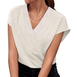 Women's V Neck Blouse 2025 Summer Textured Chiffon Top Cap Sleeve Loose Shirt for Office Work Casual (White, L)