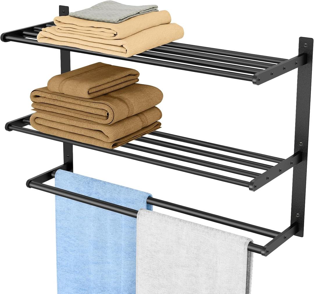 Towel Racks for Bathroom Wall Mounted 24", 3 Tier Bathroom Towel Shelf with Double Towel Bar, Stainless Steel Towel Rack with Towel Shelf, Towel Hanger Holder for Bathroom Towel Storage, Black
