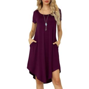 Women Casual Loose Soft Crewneck Short Sleeve Pockets Swing T-Shirt Dress (Medium, Round Hem Maroon)