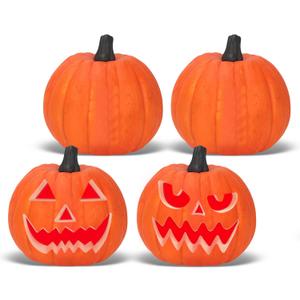 Lanpn 8 Inch Halloween Carvable Pumpkin 4 Pcs, Large Light up LED Artificial Foam Carved Pumpkins Jack O Lantern with Emoji Templates Paints for Fall Autumn Thanksgiving Harvest Indoor Decor