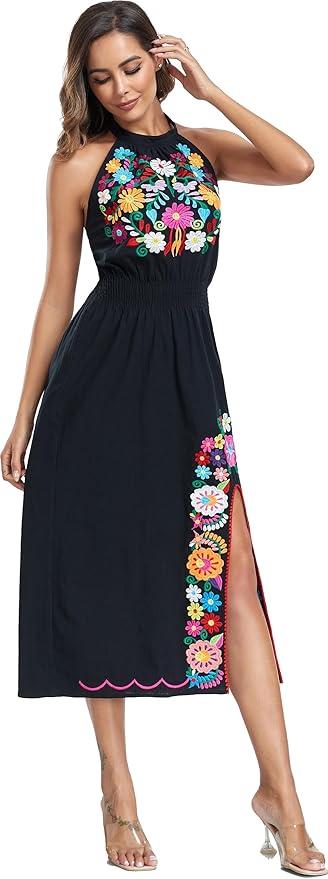 Women's Mexican Floral Embroidered Halter Neck Split Sleeveless Ruffle Party Long Dresses, Small