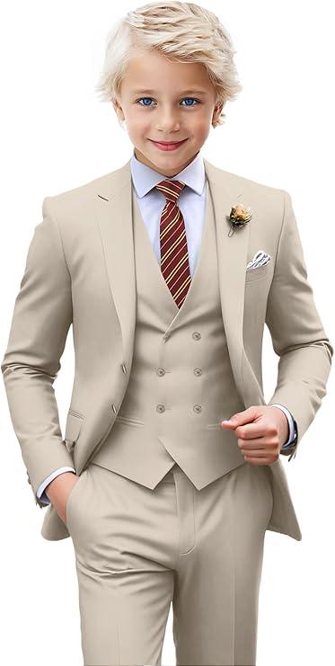 Boys Suit Formal 3 Piece Suits for Boy Slim Fit Wedding Outfit Blazer Double Breasted Vest Pants Tie Set, Size 10