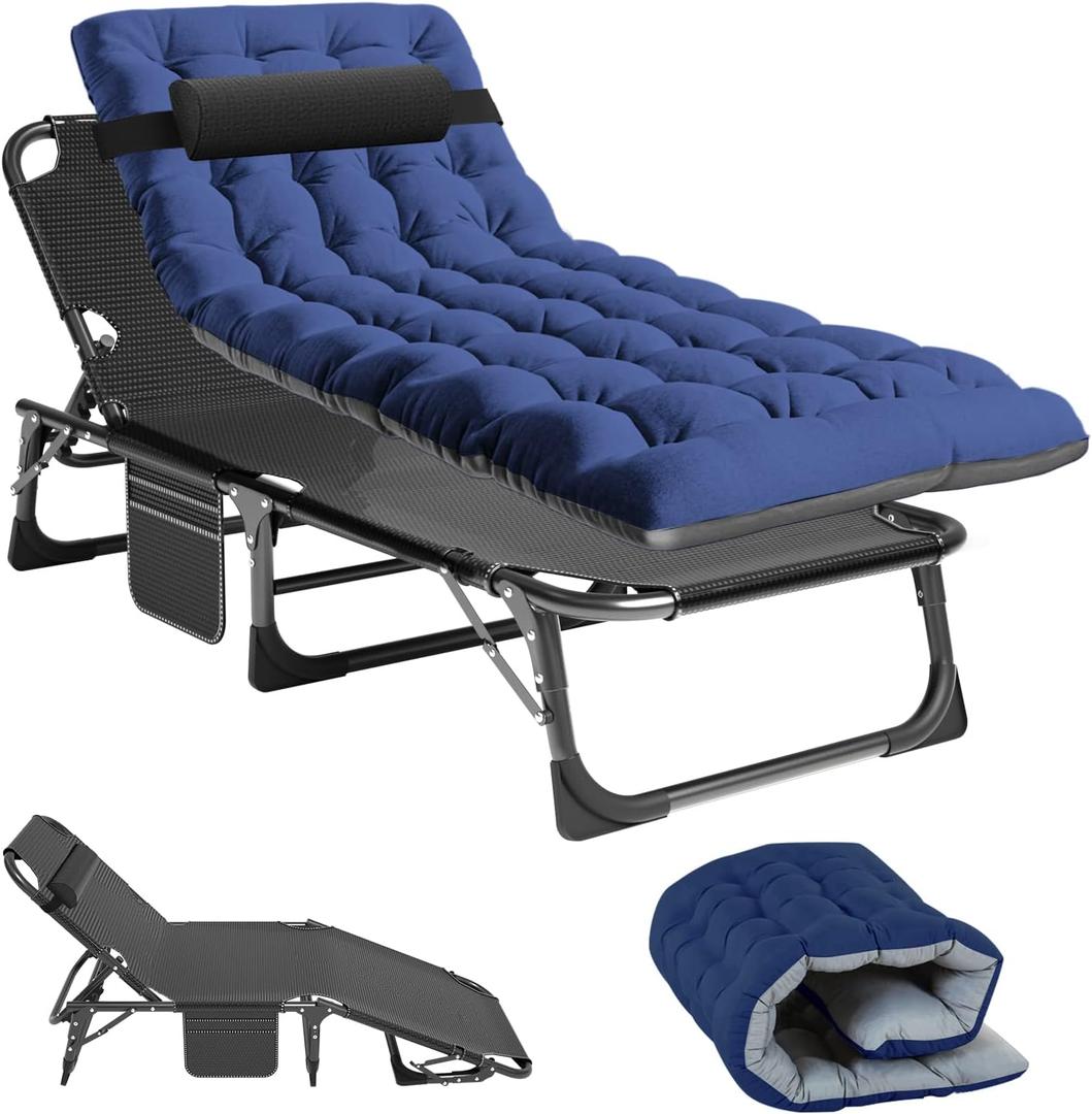 NAIZEA Portable Folding Lounge Chairs, Reclining Cot, Perfect for Pool, Beach, Patio, Camping (Black Chair+blue Pad)