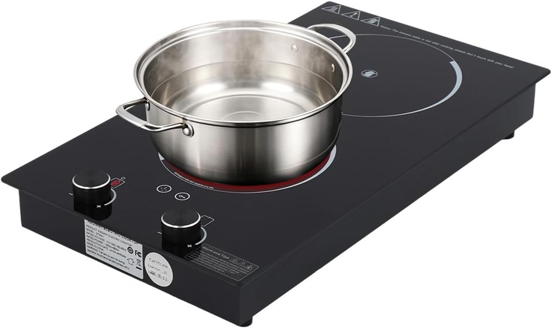 Electric Cooktop 2 Burner 2100W Double Induction Cooktop Hot Plate with Knob Control, 9 Power Levels and Timer, 110V Built-in/Countertop Stove for Kitchens, Restaurants Black