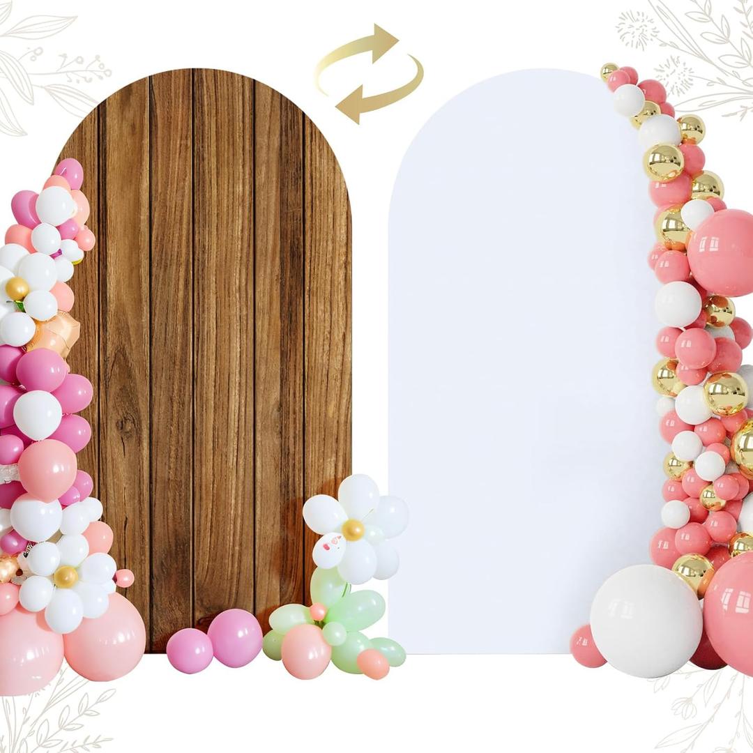 OurWarm 7.2FT Wood Arch Cover, White Spandex, Wedding, Birthday, Baby Shower, 2-Sided Round Top