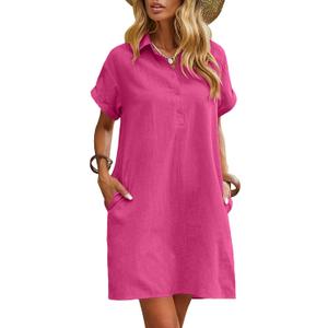 Zeagoo Summer Dresses for Women 2026 Casual Elegant Shift Tunic Cotton Linen Dress with Pockets Hot Pink, XL