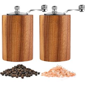 Acacia Wood Salt and Pepper Grinder Mills Sets, Wooden Shakers with Adjustable Ceramic Core, Classic Manual Salt Grinder Refillable Pepper Mill Set with a Gear Crank System for kitchen Spice
