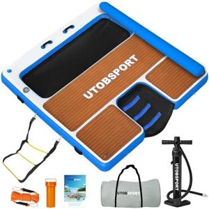 UTOBSPORT Inflatable Floating Dock Rafts with Dog Ramp, Wood Grain Non-Slip Surface with Backrest, Floating Platform Suitable for Pool, Ocean, Lakes