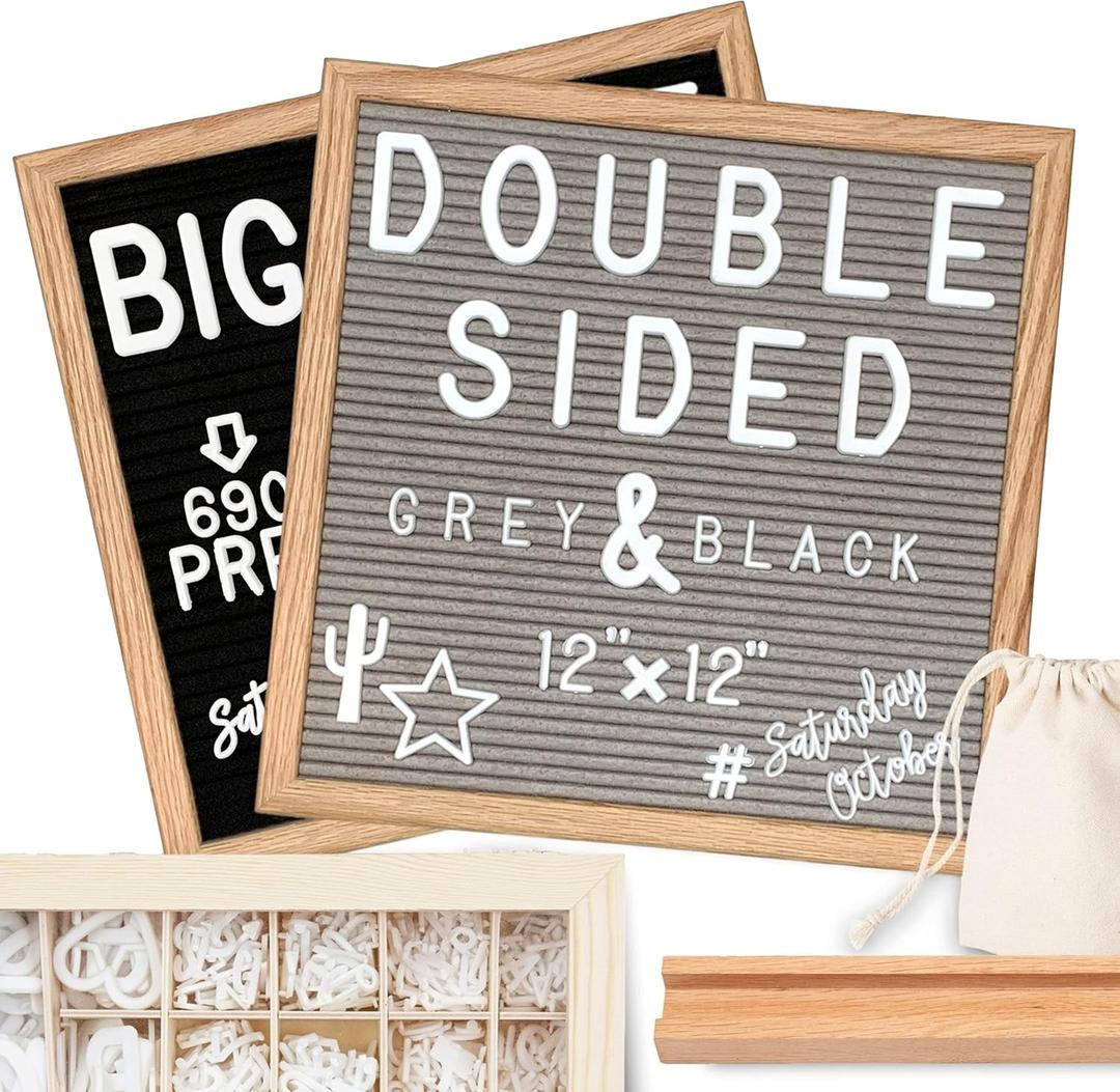 Little Hippo Felt Letter Board Sign with Pre-Cut Letters - Wood Message Board with Letters and Stand, Baby Announcement Sign, Back to School Felt Board (Black & Gray (Natural), 12x12 Double Sided)