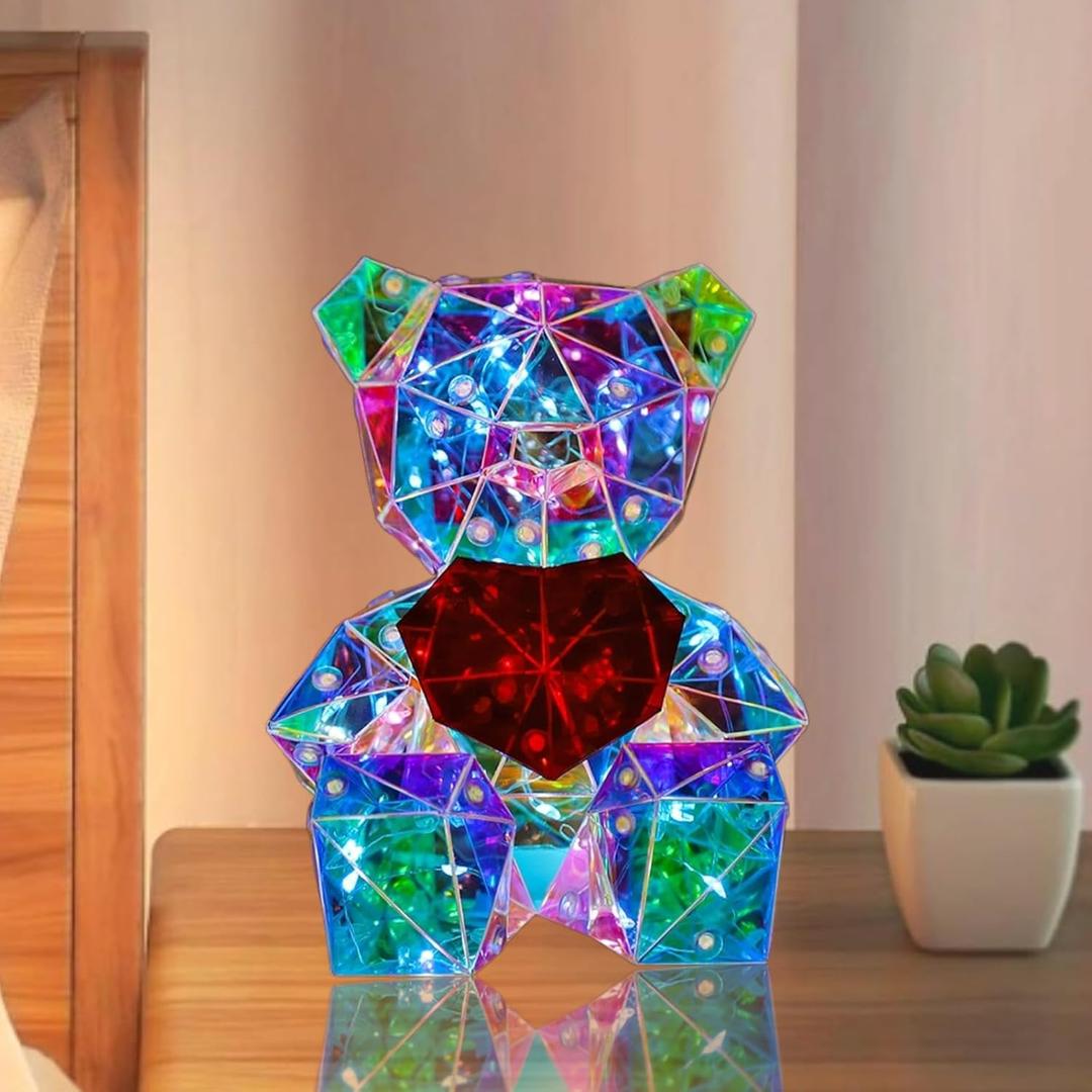 Prismatic Iridescent Bear LED Night Light for Kids, Colorful Glow 3D Light DIY Crafts for Teens, Christmas Gifts for Girls Room Decor