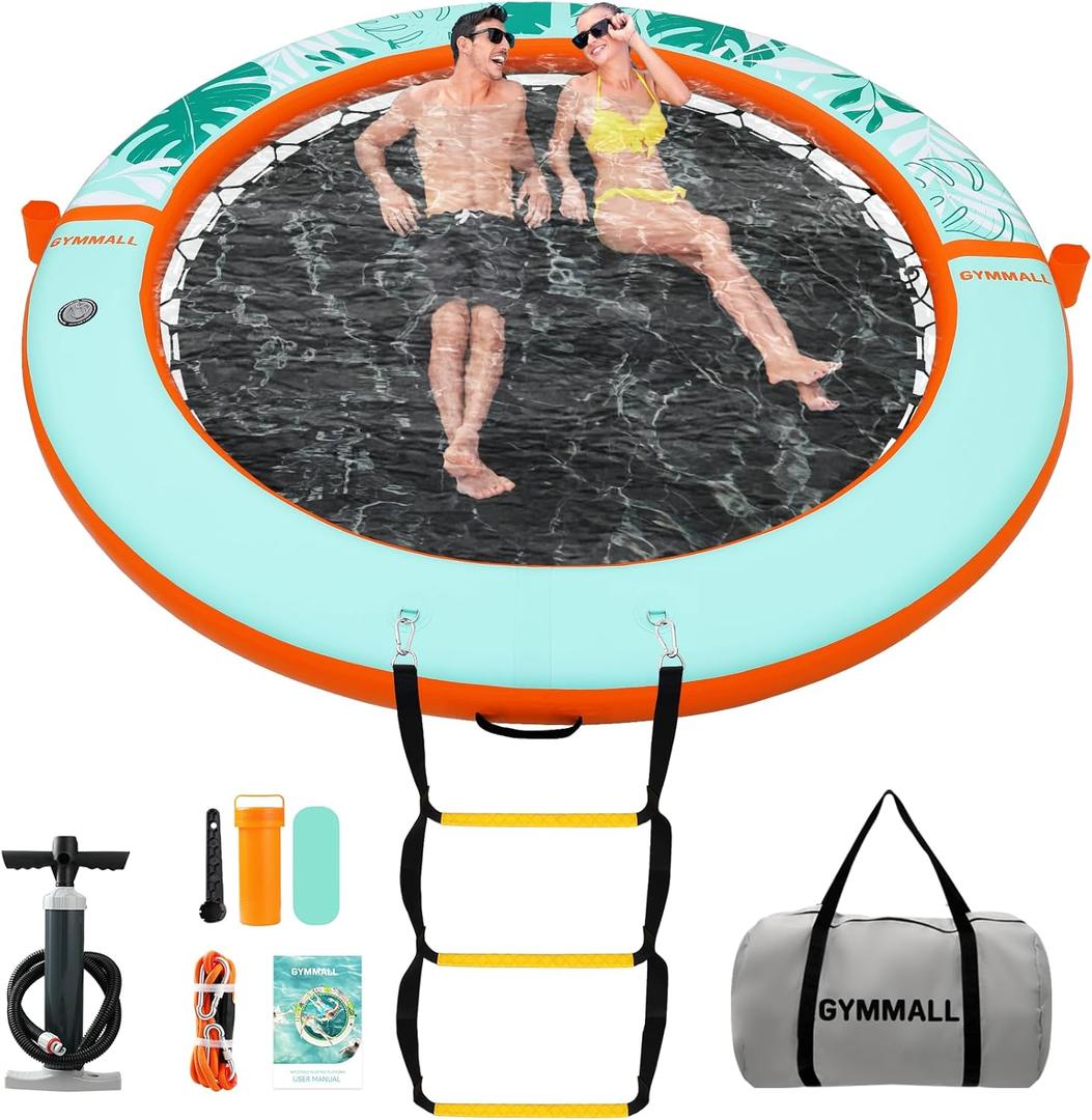 GYMMALL Inflatable Water Hammock Floating Dock 8 FT with Mesh, Tanning Pool Raft Round Ring for Adults, Float Platform for Lake and Beach with Water Ladder and Cup Holders - Orange Green
