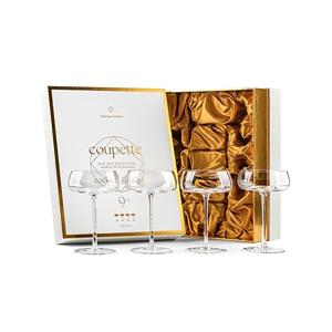 GLASSIQUE CADEAU Crystal Cocktail and Champagne Coupette Glasses | Set of 4 | 9 oz Elegant Long Stemmed Coupe Glassware for Gimlet, Espresso Martini, Daiquiri, Cosmopolitan | Fancy Round Saucers
