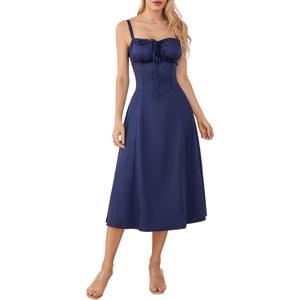 Argeousgor Women Y2k Square Neck Lace Trim Long Dress Low Cut Sleeveless Bustier Midi Dress Going Out Spaghetti Strap Sundress A-Blue, S