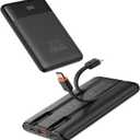 VEGER Portable Charger with Built in Cable, 10000mAh 22.5W Fast Charging USB C Battery Pack, 4 Outputs 3 Inputs Power Bank for iPhone 16/15/14/13 Series, iPad, Samsung, Android, Tablet, Black(1 Pack)