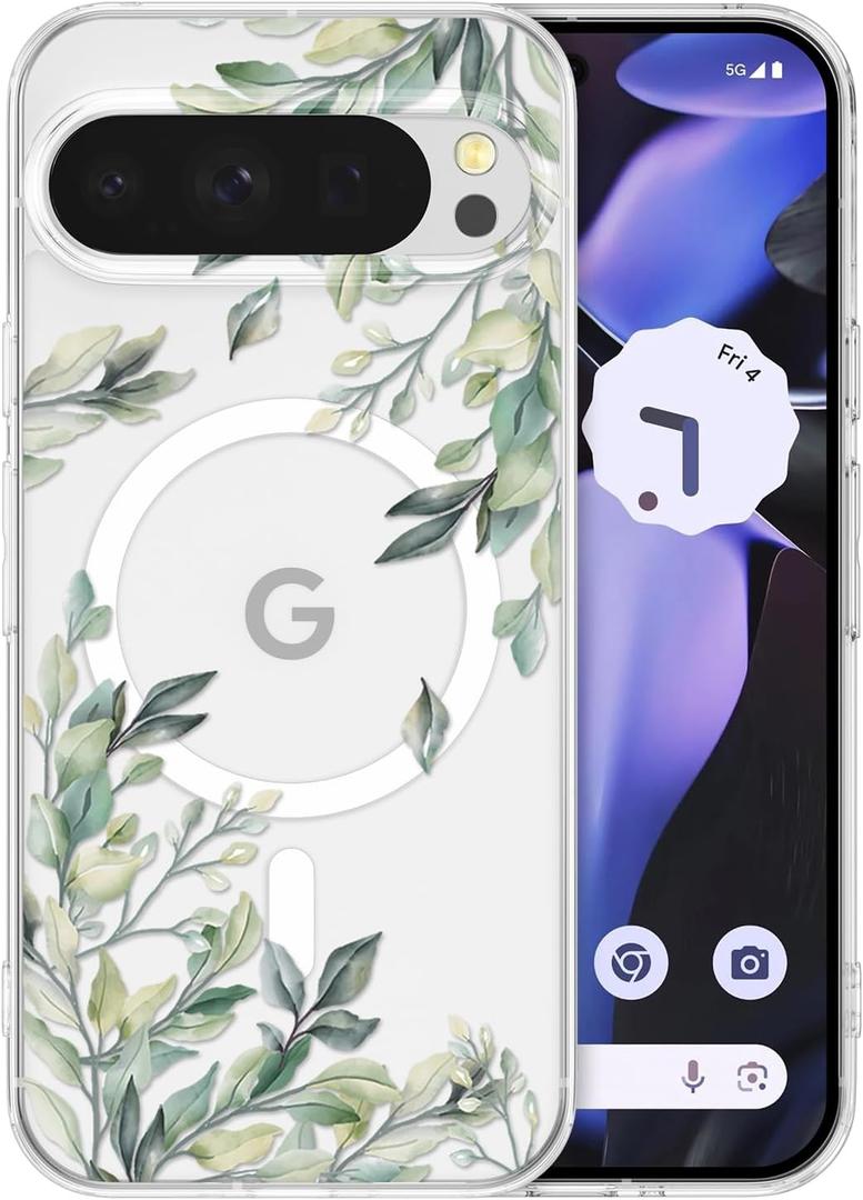 RALEAVO for Google Pixel 10/10 Pro Case Compatible with MagSafe Clear Floral Cover with Green Leaves Pattern for Girls Women Slim Cute Hard Back Shockproof Phone Case for Pixel 10/10 Pro,Transparent