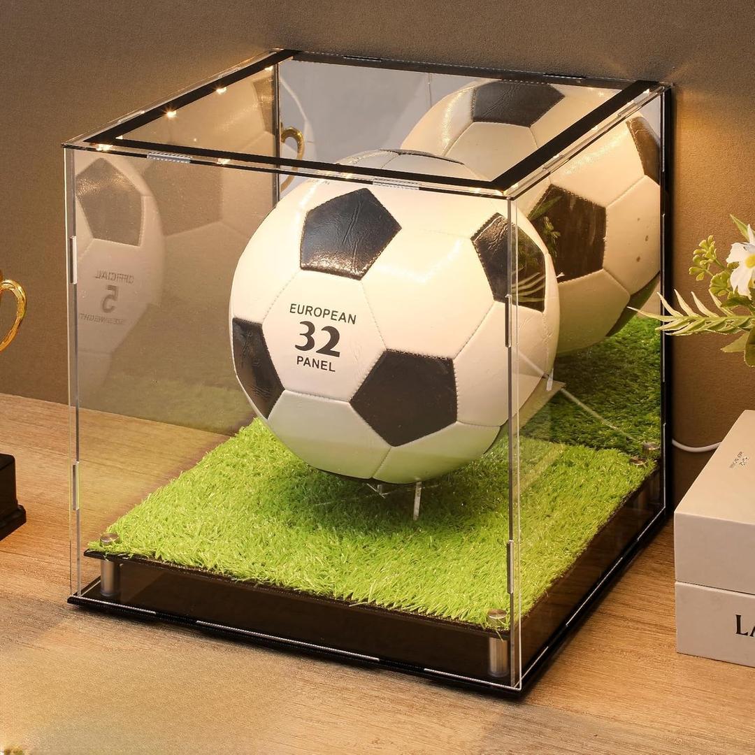 Geelin Soccer Ball Display Case with LED Light, 12" x 11" x 10.5" Light up Acrylic Clear Display Case Box with Mirror Back and Turf Grass, Storage Cube for Soccer Ball Memorabilia Collector Gift