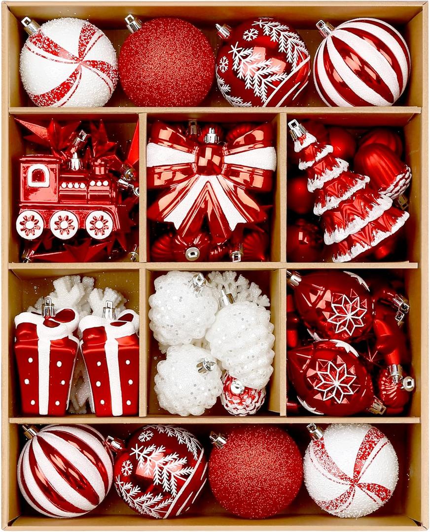Alupssuc 82pcs Christmas Balls Ornaments Set, Delightful Classic Gift Set, Shatterproof Plastic Decor for Xmas Tree Holiday Wedding Party Decorations with Hanging Strings, Red and White