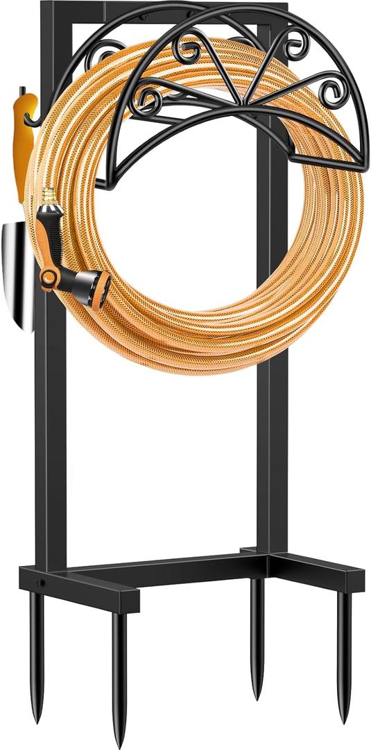 TomCare Garden Hose Holder Heavy Duty Water Hose Holder Holds 160 FT Hoses 4 Spikes Hose Reel with 2 Tool Hooks Freestanding Hose Hanger Sturdy Hose Storage Stand for Outside Yard Lawn, Black