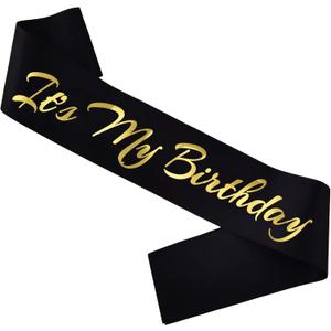It's My Birthday Sash, Gold Foil Letter Black Birthday Sash for Women or Men Bday Party Supplies, Gifts for Bday Party Favors