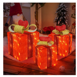 Valentines Day Decor Lighted Gift Boxes, Set of 3 Valentine's Day Gifts Decorations for Indoor Outdoor Room Decor, 60 LED Light Up Gifts Battery Operated for Valentine's Day Wedding(Red Heart)