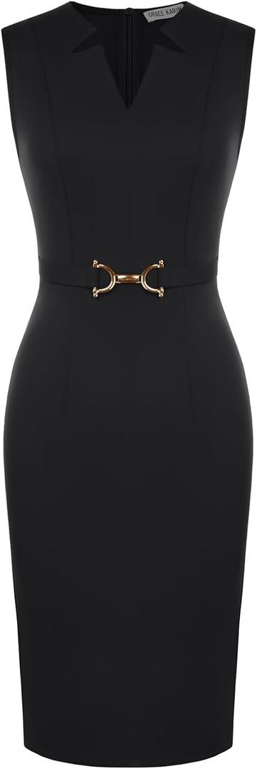 GRACE KARIN Work Dresses for Women 2026, V Neck Business Office Bodyon Dress, Sleeveless Pencil Semi Formal Midi Dress Black XL
