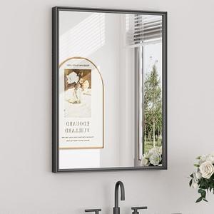 Keonjinn Black Bathroom Mirror 22 x 30 Inch, Stainless Steel Metal Framed Wall Mirror for Over Sink, Anti-Rust, Tempered Glass, Upgrade Installation, Rectangluar Square Corner, Matte Black